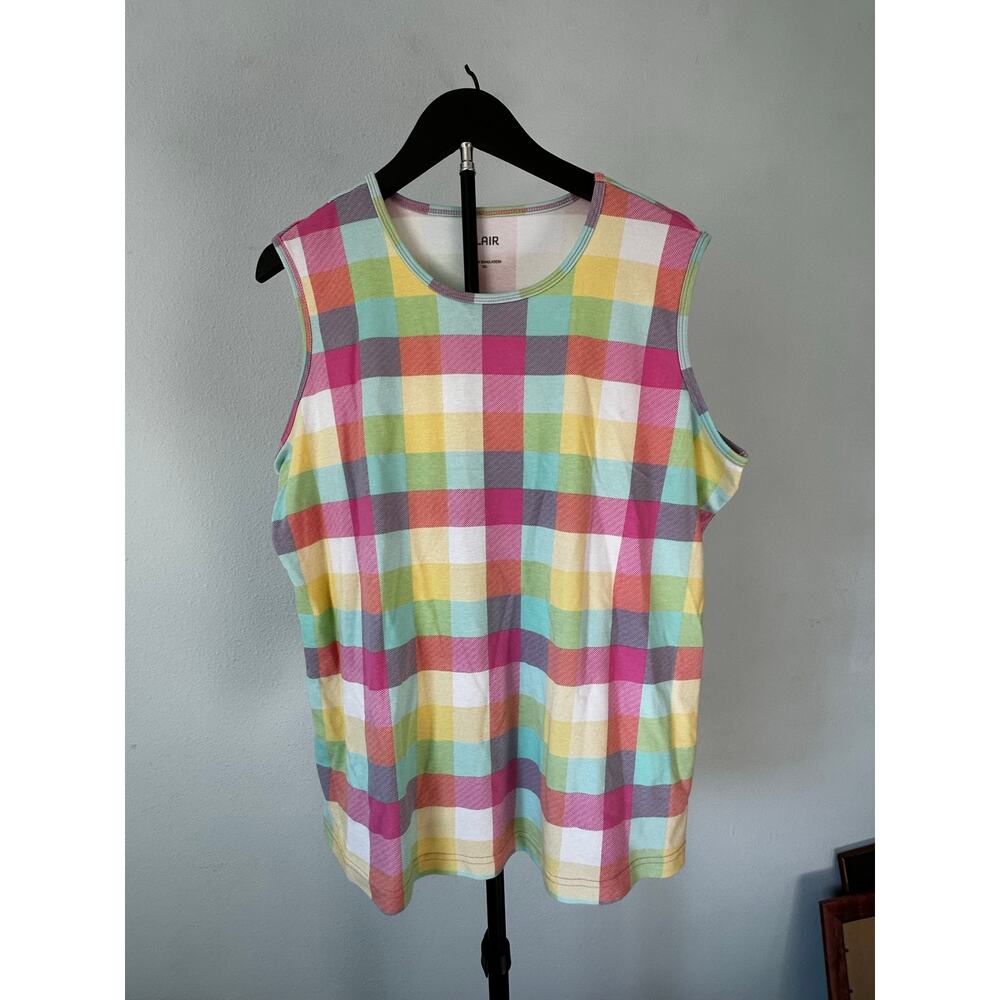 Blair Essential Knit Pastel Plaid Sleeveless Tank Top Crew Neck 2XL